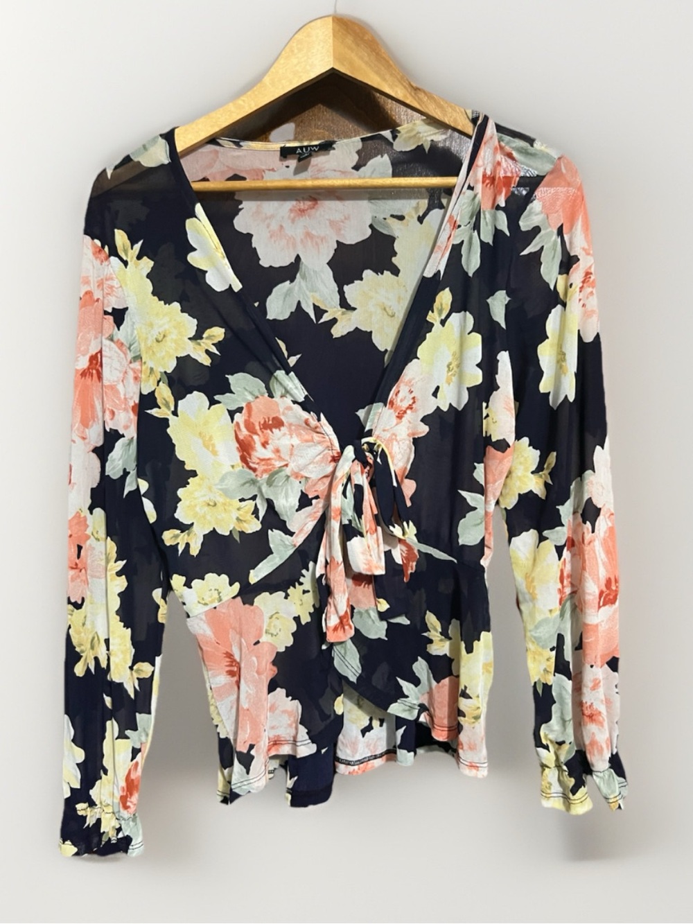 Sheer Mesh Tie-Front Long Sleeve Blouse Cover Up Navy Blue Pink Yellow Florals